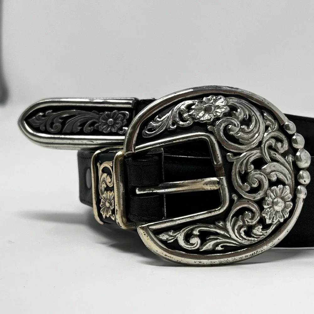 Vintage Justin Black Leather Western Belt Floral Silver Buckle 28 540BK Made USA - Picture 2 of 5